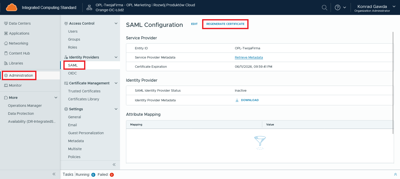SAML skonfigurowany: